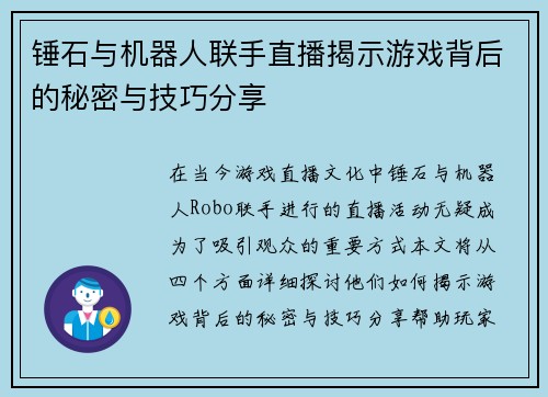 锤石与机器人联手直播揭示游戏背后的秘密与技巧分享