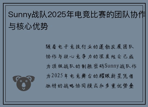 Sunny战队2025年电竞比赛的团队协作与核心优势