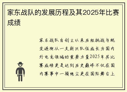 家东战队的发展历程及其2025年比赛成绩