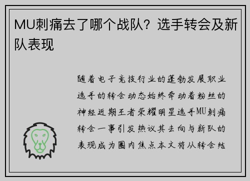 MU刺痛去了哪个战队？选手转会及新队表现